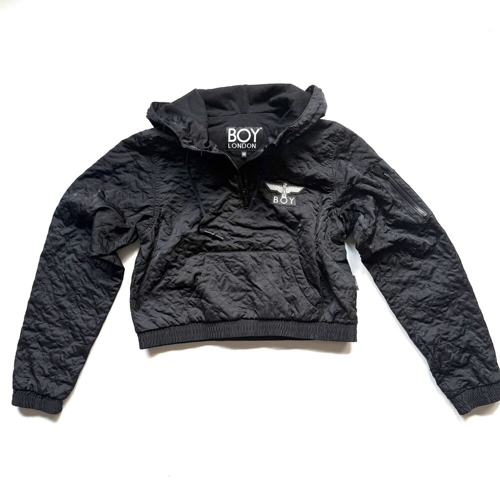 BOY London black hooded pullover anorak jacket child sz medium quilted texture